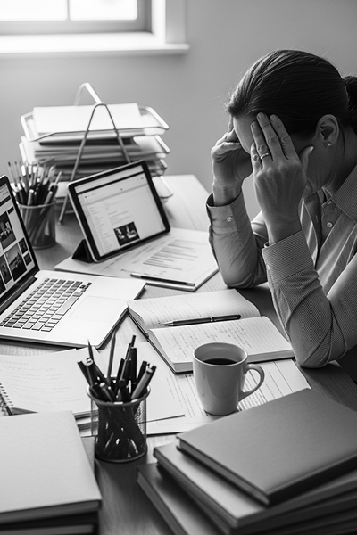 Overwhelmed professional with many tasks